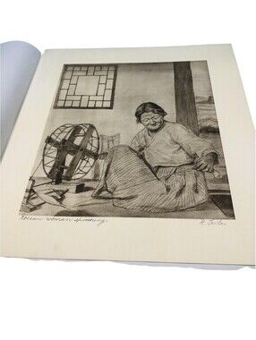 Korean Woman Spinning Etching Signed R Saila Limited Edition 15x13 Print Art